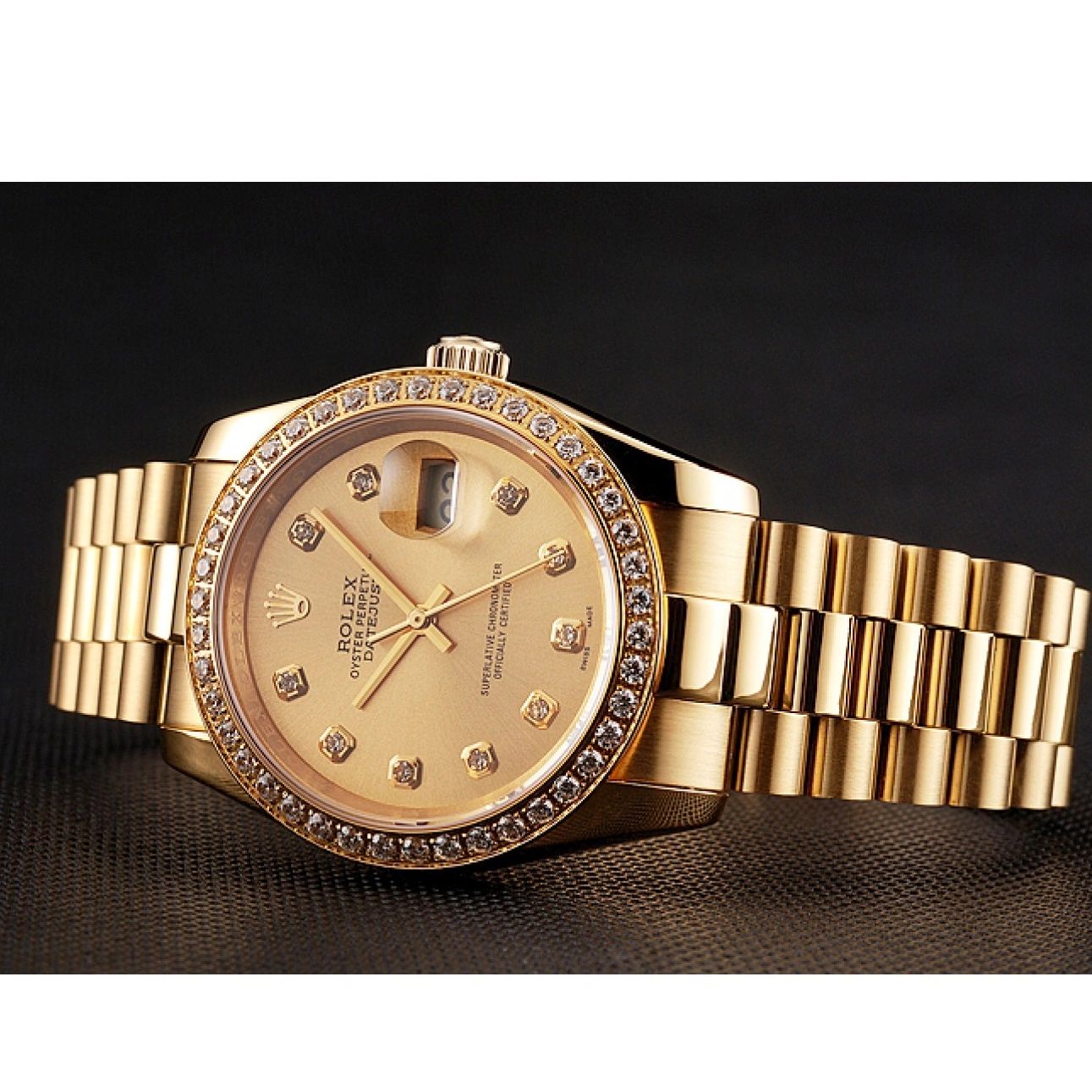 Aaa replica Gold Diamond Swiss Dial 1454097 Datejust Champagne Bracelet Rolex Bezel 0714
